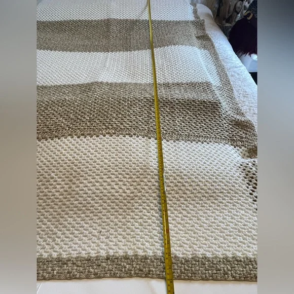Handmade Double Crochet Cream & Tan Striped Knit Blanket (54” wide x 76” long)